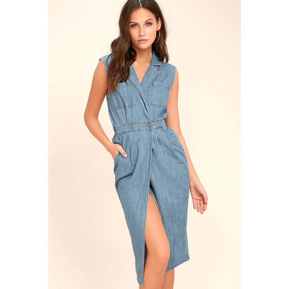 SOLD ❌ MP|D by MINKPINK Jeans Utility Wrap Midi Dress / Dusty Blue - Picture 1 of 9